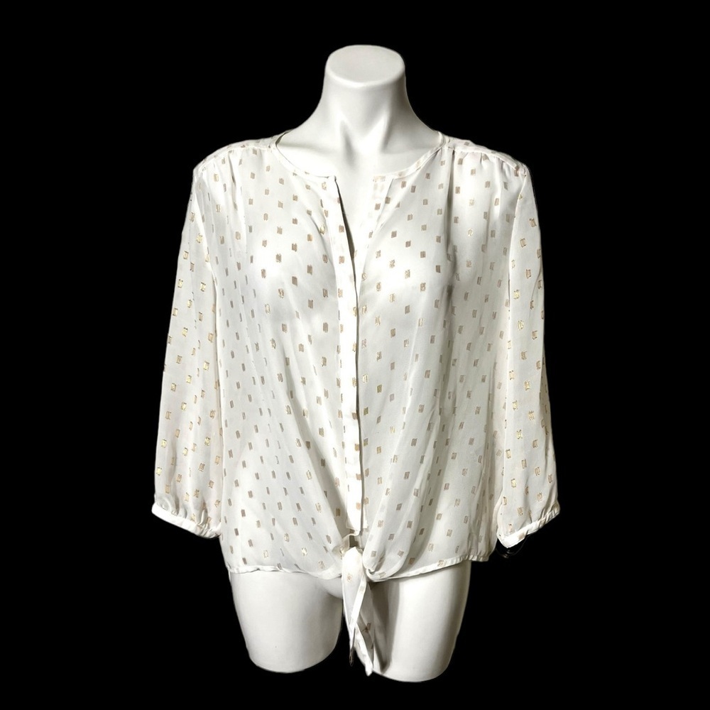 Peter Nygard Petites Sheer Tie Front Blouse Size 14 Petite White/Gold